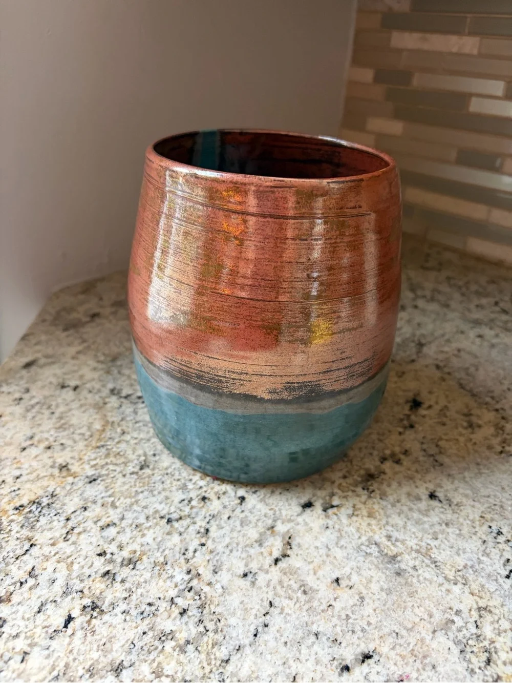 Studio Art VAMP Pottery Earthware Vase  Utensil Holder copper turquoise